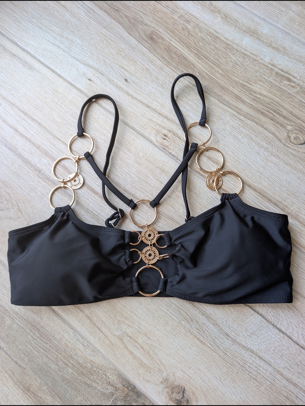 Black Bikini Top with Gold Ring Details